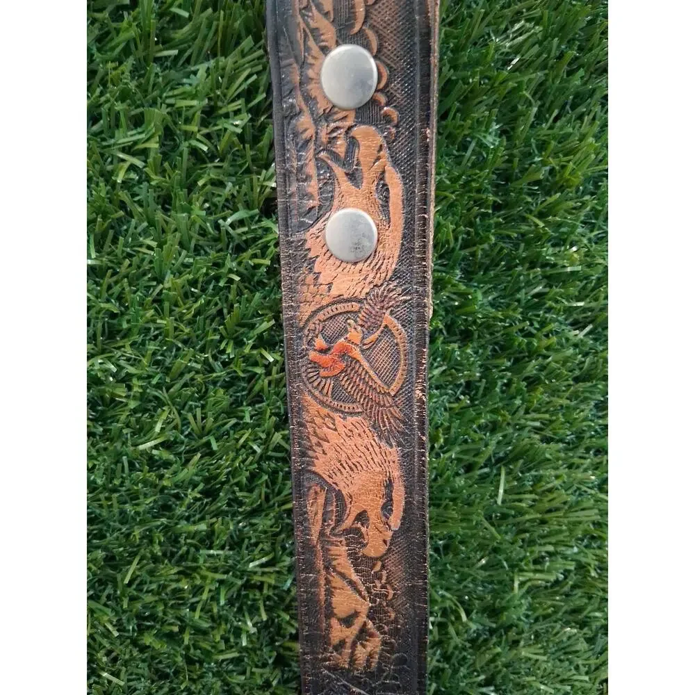 Vintage Tooled Leather Belt American Bald Eagle Mountain Scene Western Sz 42 44